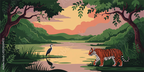 Majestic Tiger and Heron by Jungle River at Sunset – Vector Illustration of Wildlife Landscape for Nature and Adventure Themes