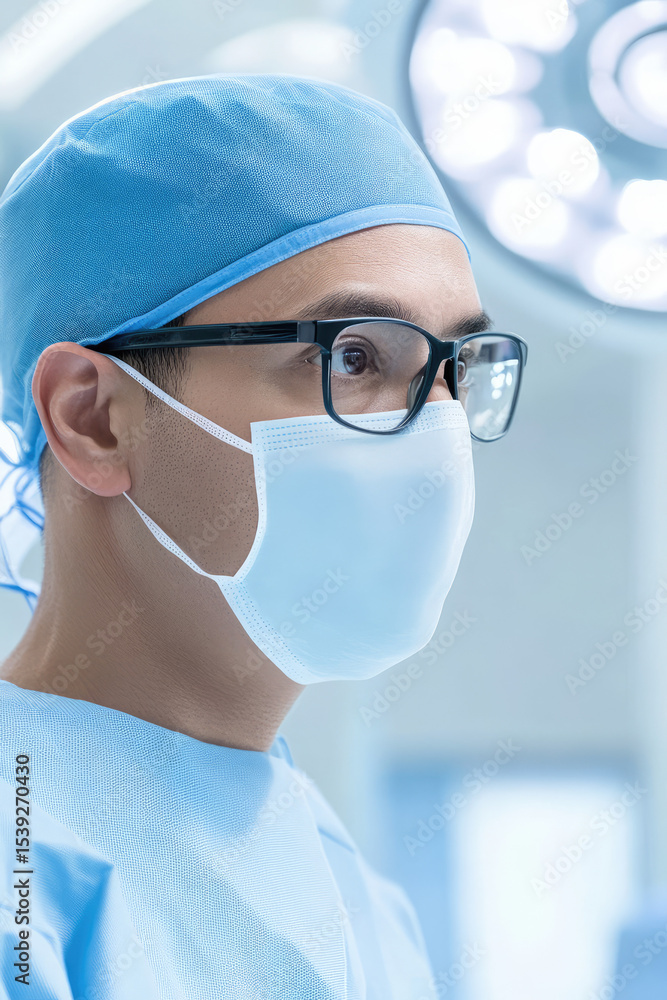 Naklejka premium A medical professional wearing a mask and glasses is in a surgical environment, focusing attentively. Healthcare professional in medical setting