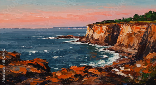 Vibrant Oil Painting of Dramatic Coastal Cliffs at Sunset with Crashing Waves and Bold Brush Strokes, Seascape Art