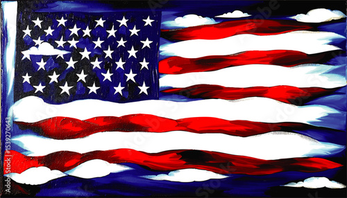 Vibrant Artistic American Flag Illustration with Dynamic Waves, Blue Sky, and Clouds – Patriotic USA Concept for Holidays and Design