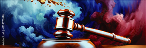 Wooden Judge Gavel with Colorful Abstract Smoke Background – Legal Justice Concept Illustration for Law, Courtroom, Decision Making, Art