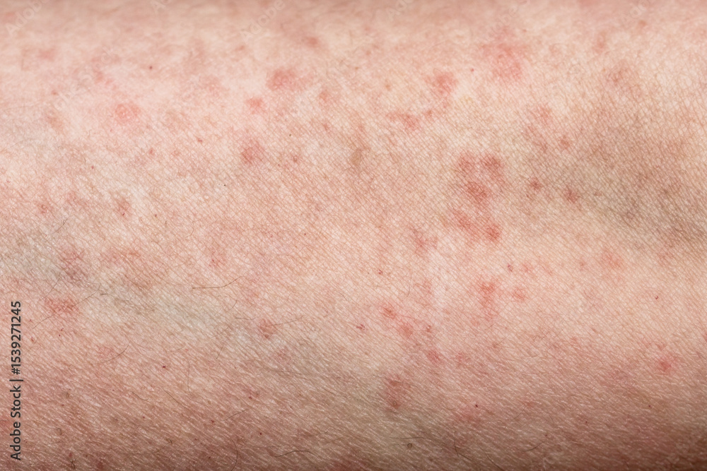 Fototapeta premium Dermatology medical concept. Female arm with allergic reaction. Close up shot of allergic skin irritation with red spots and rash
