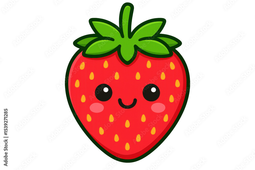Obraz premium Cheerful red strawberry cartoon character with vibrant green leaves, symbolizing fresh nutrition on clear background