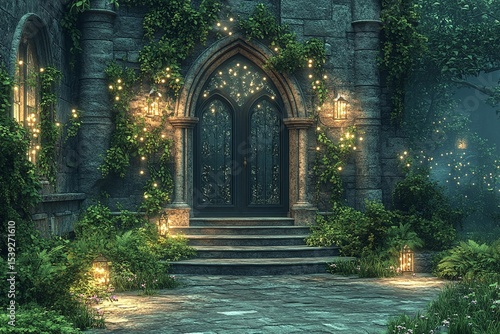 Enchanted Castle Entryway Glowing Lights And Ivy Covered Stone Arch