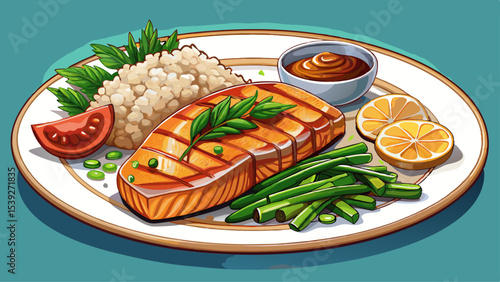 Close-up Deliciously grilled salmon with a savory glaze served with steamed rice and a side of green beans Very beautiful