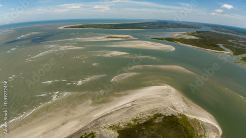 aerial view of river delta and dunes near the beach