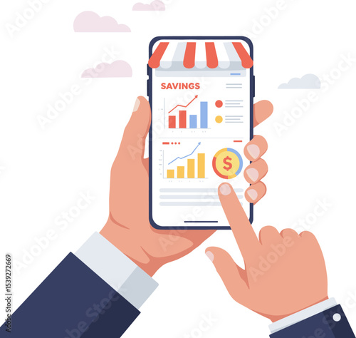 Hands Using Mobile Banking App for Savings and Finance