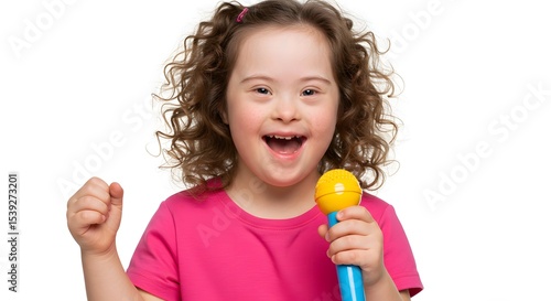 Adorable Girl Singing and Playing with Toy Microphone