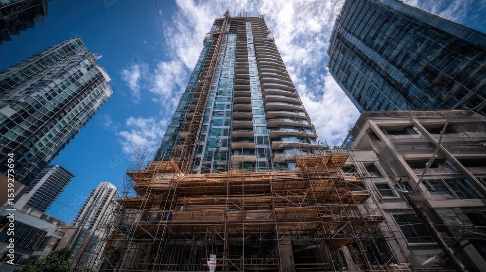 Fototapeta premium Modern skyscrapers rise against a bright blue sky with scattered clouds, featuring a prominent building under construction with scaffolding.