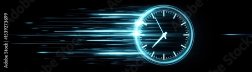 A glowing clock with a futuristic design showing fast motion, symbolizing speed, time management, and technology.