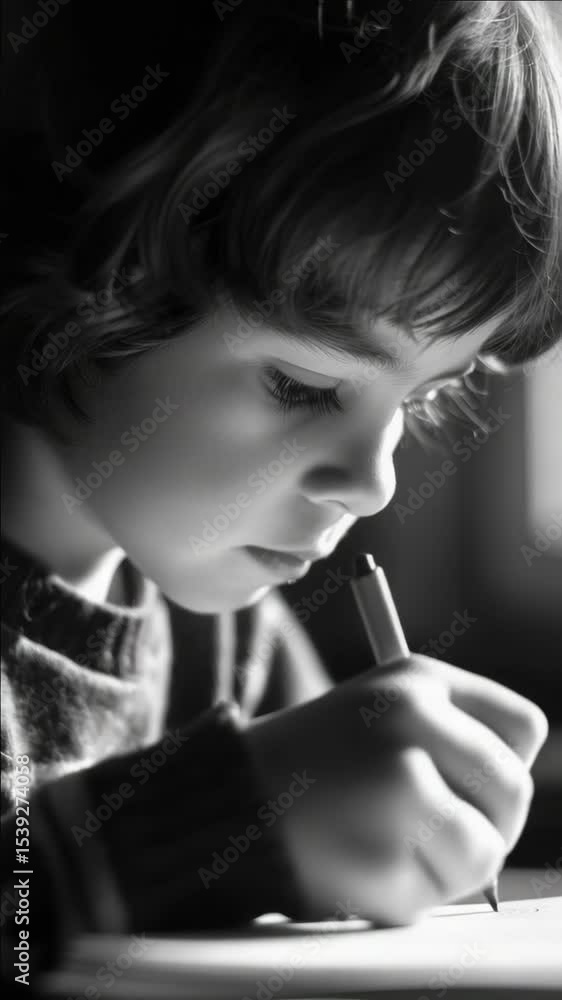 This captures a moment of focused study, as a young boy works diligently on his writing assignments in a notebook. This captures a moment of focused study, as a young boy works diligently on his writing assignments in a notebook.