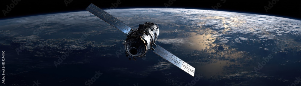 Obraz premium A satellite orbits Earth above the atmosphere, with sunlight reflecting off clouds and the planet's surface in the background.
