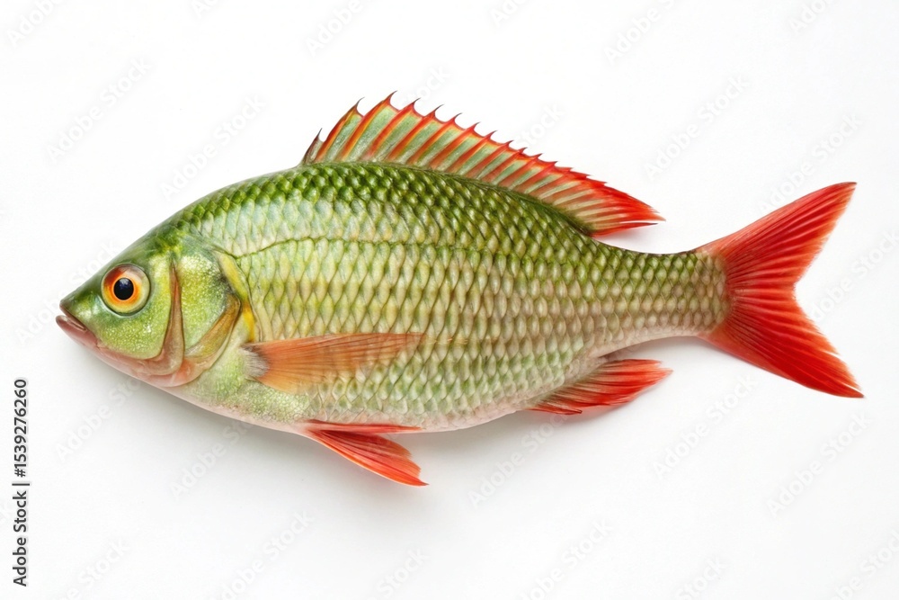 Freshwater tilapia fish with red fins isolated on white background detailed close up view of a single green and red fish Freshwater tilapia fish with red fins isolated on white background detailed close up view of a single green and red fish