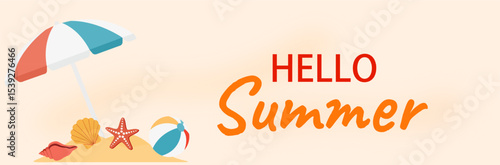  Flat Design Hello Summer Illustration with Beach Umbrella, Sand, Palm Leaves, Ball, and Flip Flops – Perfect for Summer Holiday Theme, Travel Ads, Seasonal Greeting, or Vacation Concept