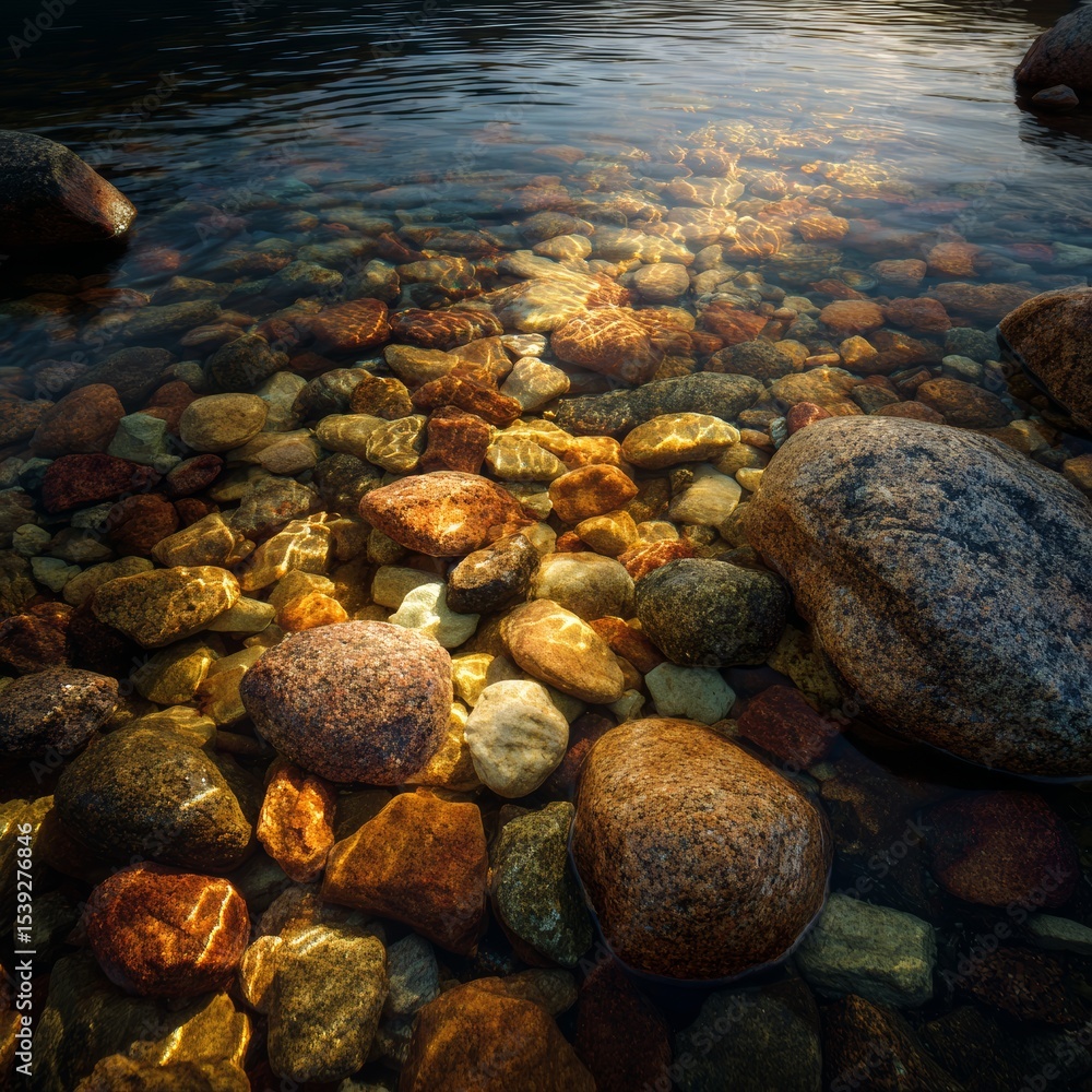 Fototapeta premium Close-up of riverbed with smooth stones and clear water, revealing underwater details