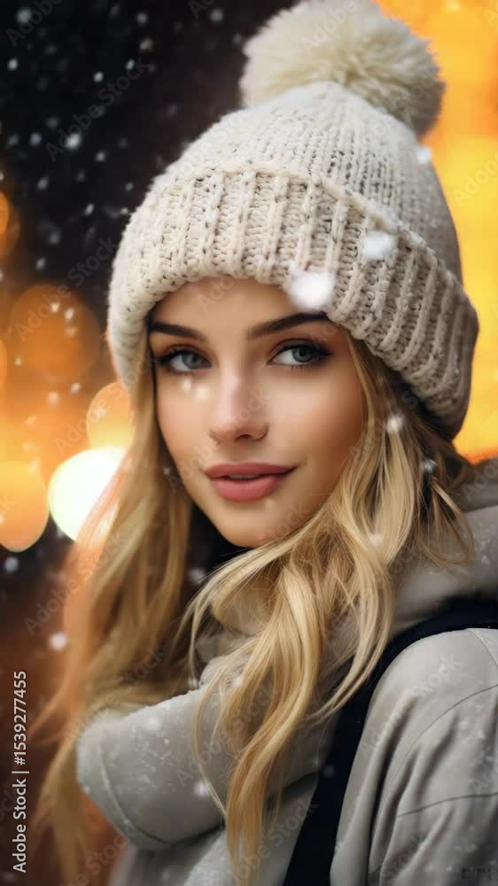 A young woman wearing a beanie hat and winter clothing, posing for the camera with a smile. She's standing in front of city lights during a snowy evening. A young woman wearing a beanie hat and winter clothing, posing for the camera with a smile. She's standing in front of city lights during a snowy evening.