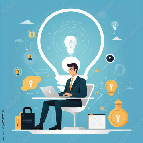 Businessman's hand illuminates a lightbulb, symbolizing a creative business idea, innovation, and the power of thought