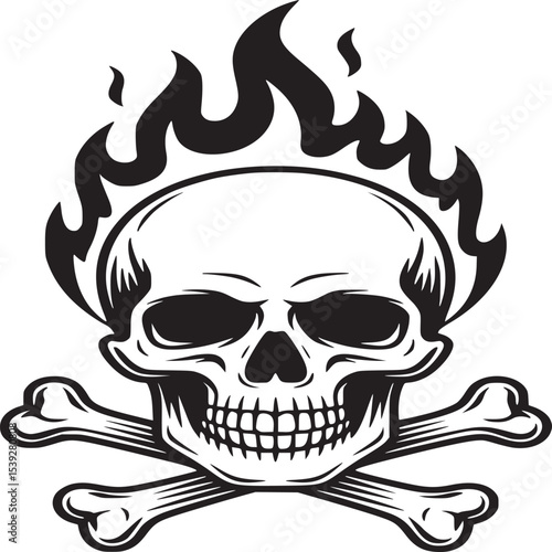 Illustration of a skull with flames above and crossed bones below on a light background art design
