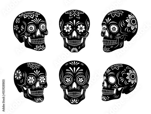 sugar skull silhouette set, isolated background