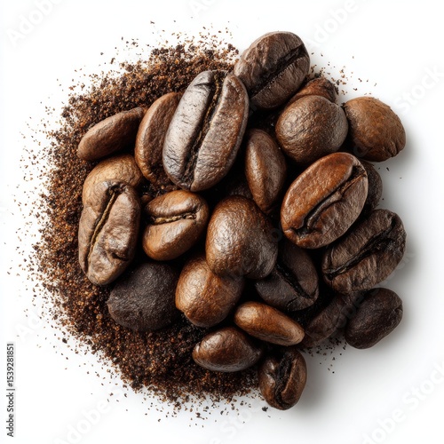 Roasted Coffee Beans and Grounds on White Background, Top View