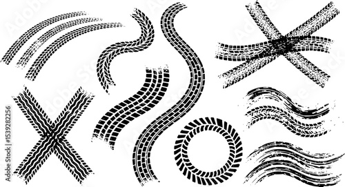 Tire tracks after skidding, launch, drift, powerslide in motorsport, rally, off-road, motocross. Wheel texture with splash effect. Vector, EPS 10 version.