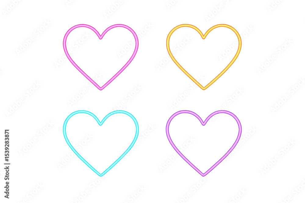 Glowing neon hearts in pink, gold, light blue, and purple radiating romantic energy against transparent backdrop, showcasing luminescent color palette Glowing neon hearts in pink, gold, light blue, and purple radiating romantic energy against transparent backdrop, showcasing luminescent color palette