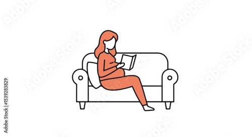 A pregnant woman, deep in thought, reads a book while comfortably seated on a couch.
