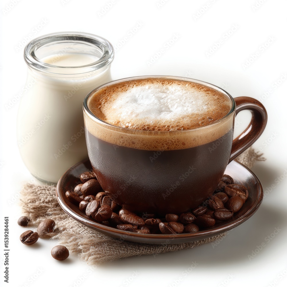 Obraz premium Cappuccino with Milk Bottle and Coffee Beans Still Life
