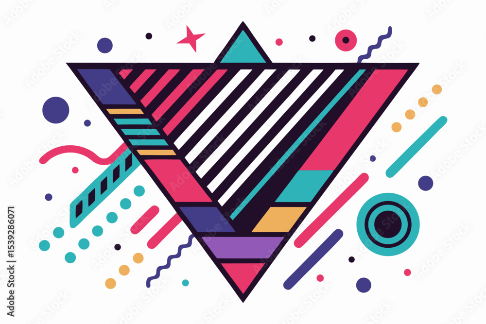 Fototapeta premium Vibrant abstract background featuring geometric shapes in Memphis style. Includes bold triangles in pink, teal, yellow, and purple, combined with dotted, striped, and wavy textures.