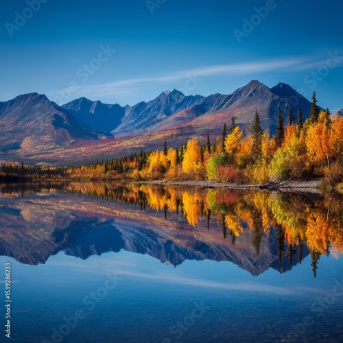 A stunning autumn landscape features a tranquil lake reflecting colorful trees and majestic mountains. The scene is a harmonious blend of nature's elements under a clear blue sky. 