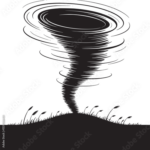 A monochrome illustration of a tornado touching down on a grassy field with swirling winds above it