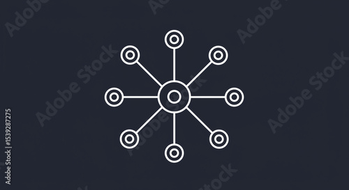 A white network diagram with central node and eight connected nodes on a dark blue background