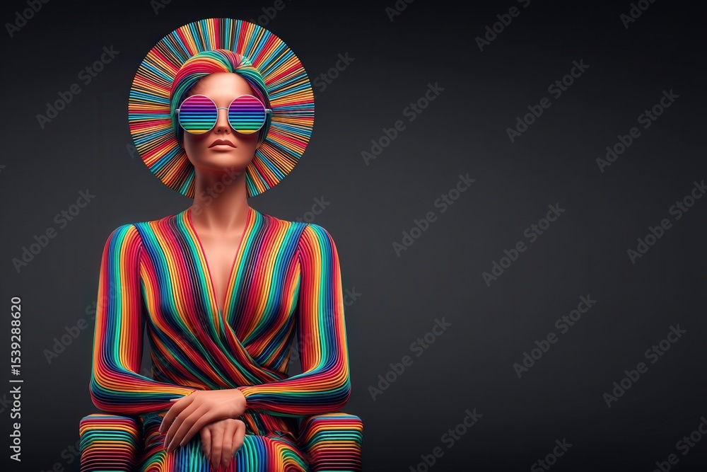 Obraz premium A vibrant female model with colorful striped attire and oversized sunglasses exuding a bold and confident presence against a dark background emphasizing modern artistic expression and