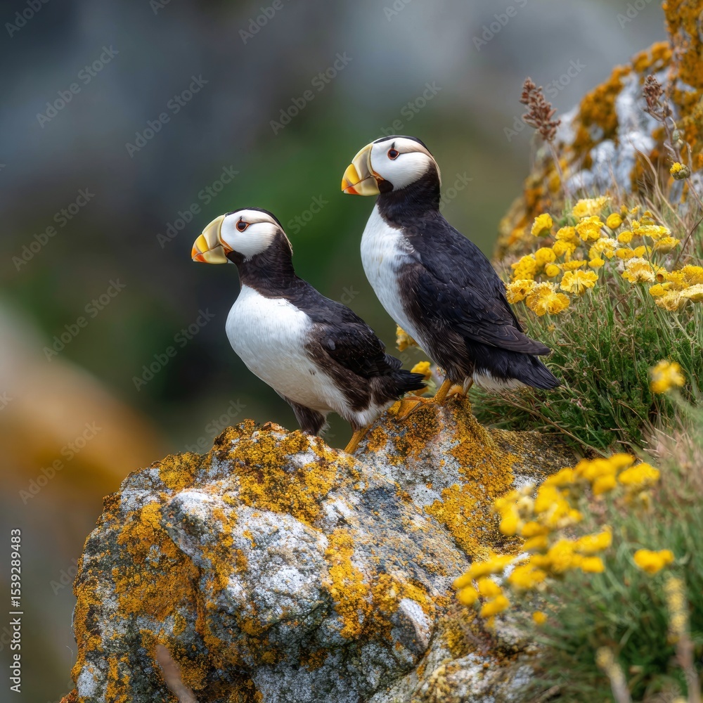Fototapeta premium Two puffins perched on a rocky outcrop, their colorful beaks contrasting with the natural setting. The birds seem alert, surveying their surroundings