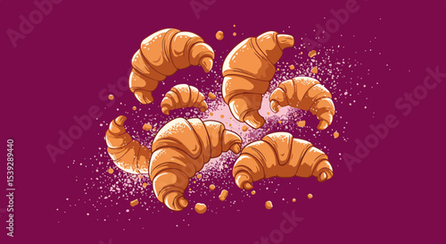 Several golden-brown croissants with flaky texture floating on a rich purple background