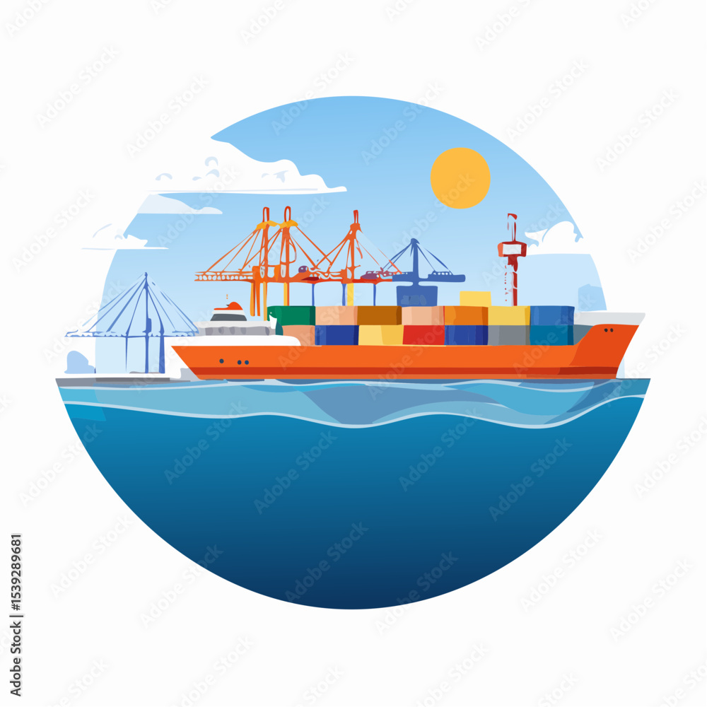 Fototapeta premium A cargo ship docked at a port, surrounded by cranes and a bridge, in a stylized illustration.