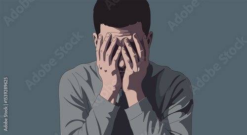 Distressed male with hands covering face against dark teal background