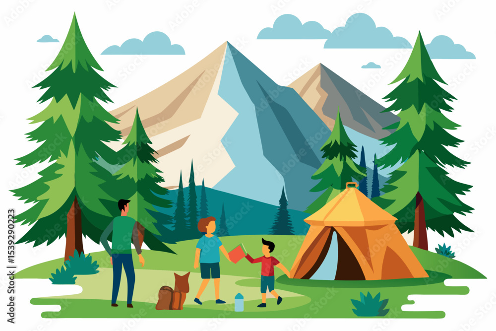 Naklejka premium Ideal for outdoor adventure themes, hiking and camping designs, travel illustrations, children's books, tourism materials, and nature-based content