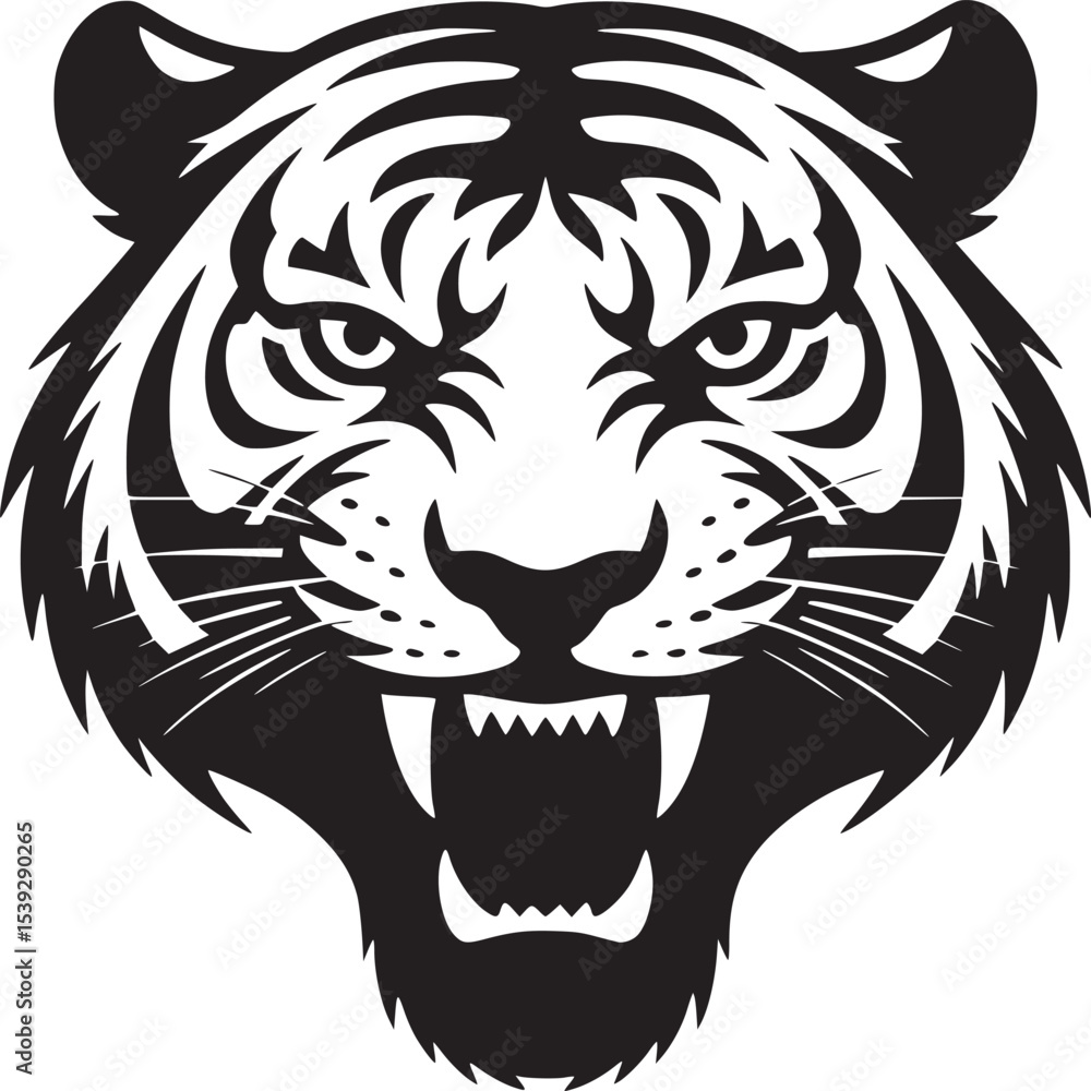 Fototapeta premium Close up black and white vector graphic of a tiger head with visible teeth and intense eyes staring