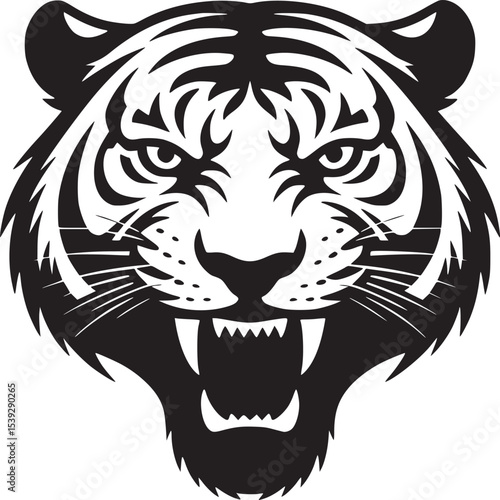 Close up black and white vector graphic of a tiger head with visible teeth and intense eyes staring