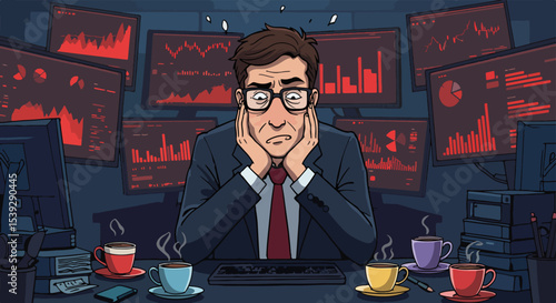 Professional man in suit contemplating at cluttered desk with multiple computer monitors displaying data visualizations