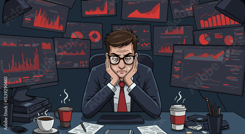 Professional man in suit covering face with hands at cluttered desk with coffee and financial graphs on monitors