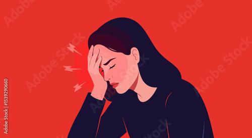 Young woman with short dark hair in dark hoodie experiencing headache with pink lightning bolts