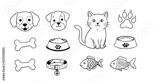 Adorable Pet Collection Dog Cat Paw Print Bone Food Bowl Collar Fish Outline Drawings Perfect for Kids Crafts