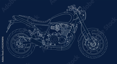 Detailed line drawing of a motorcycle with deep blue background