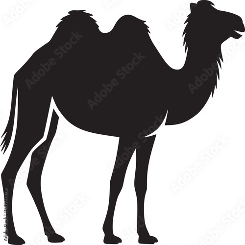 Silhouette of a camel standing on a white background in a simple vector graphic design style