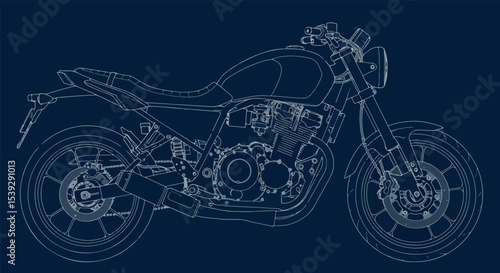 Motorcycle line drawing with white lines on deep blue background