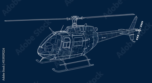 Detailed wireframe illustration of a helicopter with deployed landing gear