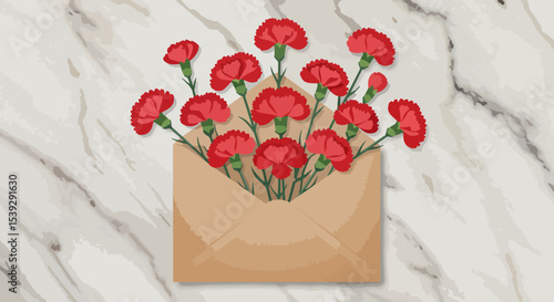 Red carnations spilling from beige envelope on marble surface