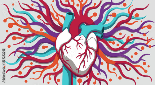 Abstract illustration of the human heart and circulatory system with red, blue, purple, and green vessels